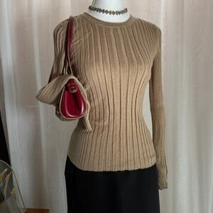 Y2K Liz Claiborne Career Tan Ribbed Knit Sweater Top Sz SM Gold Shoulder Button